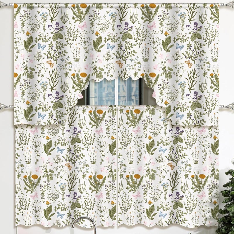 Remagr Spring Kitchen Curtains 3 Pieces Set Plants and Flowers Window Curtains and Valance for Kitchen Bedroom Living Room Cafe Windows Spring Home Decor 60'' x 36'' Valance & 36'' x 30'' x 2 Panels - Image 1